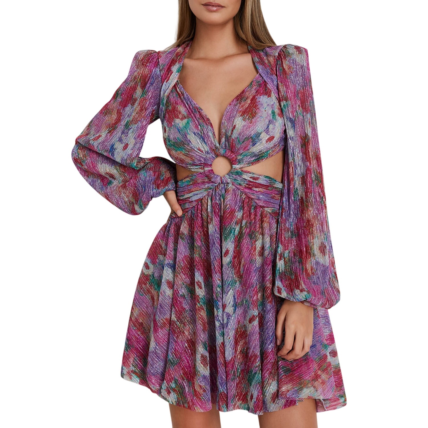 Patbo Metallic Garden Cosmos Cut-Out Long Sleeve Mini Dress Pink Women's Size 4